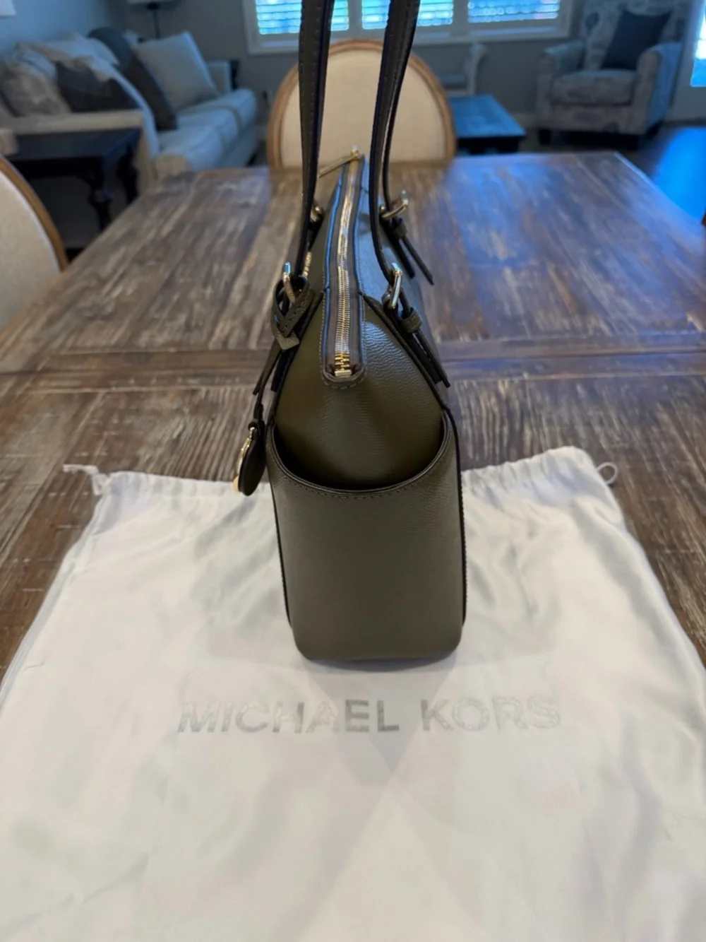 Michael Kors Dark Olive Saffiano Leather Tote with Gold Logo Charm - Picture 6 of 16